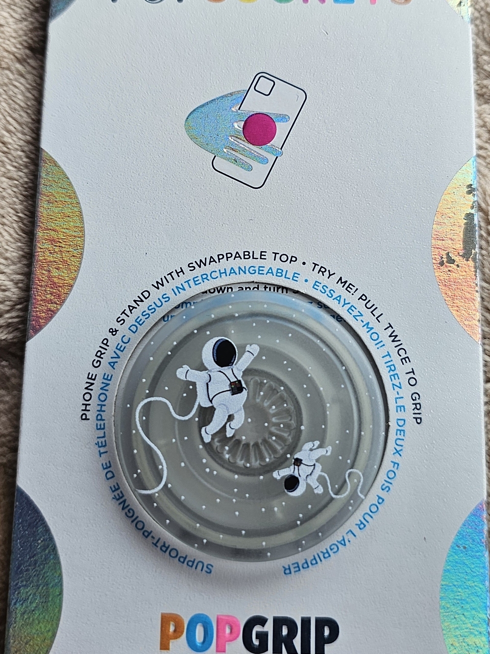 Phone Grip & Stand in Gray with Astronaut Design